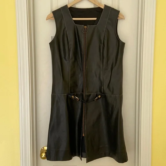 60s mod vintage leather look zip front mini shift dress small to medium - Picture 3 of 7
